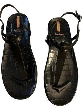 Sam Edelman Black Croc-Embossed T‑Strap Leather Sandals